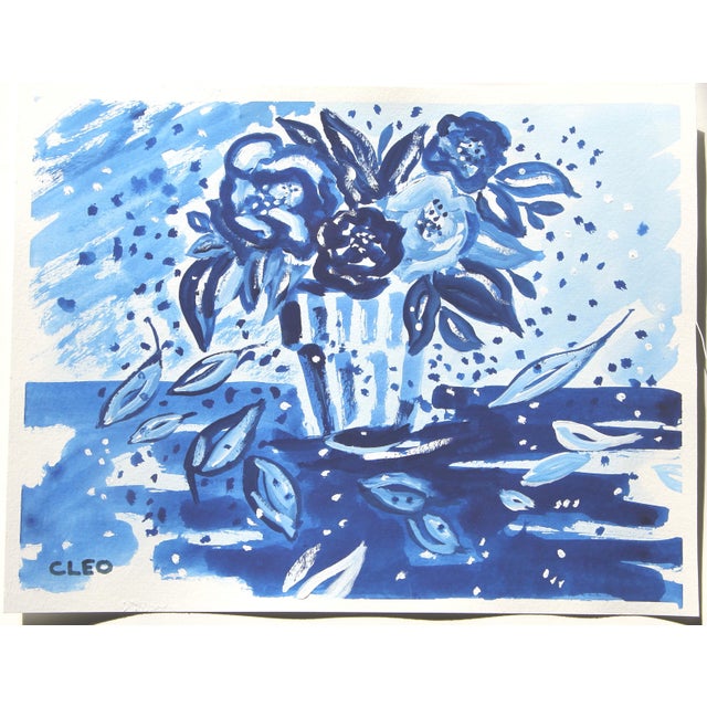 Fauvist impressionist still life floral of cabbage roses, flowers a la Matisse, in shades of navy blue . Coordinating...