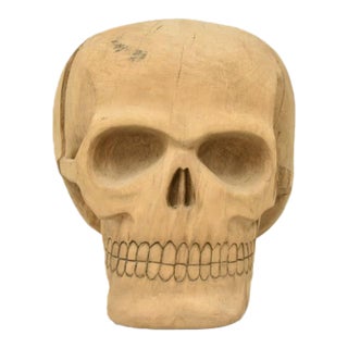 Large Folk Art Skull Wood Carving For Sale