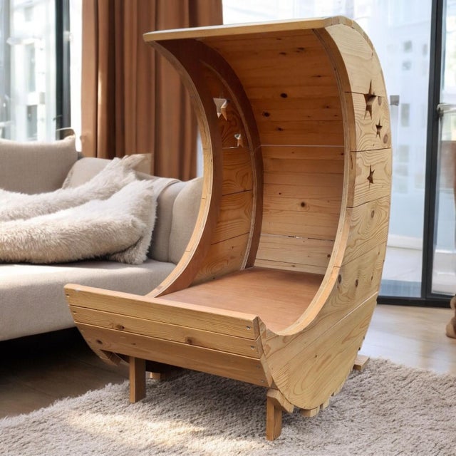 Handcrafted Wood Halfmoon Shaped Dog Bed, 2020 For Sale - Image 3 of 5