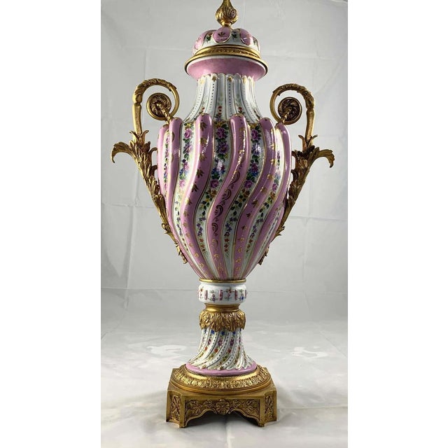 Pink 20th Century Ormolu & Pink Sevres Porcelain Vases with Lids, Set of 2 For Sale - Image 8 of 11