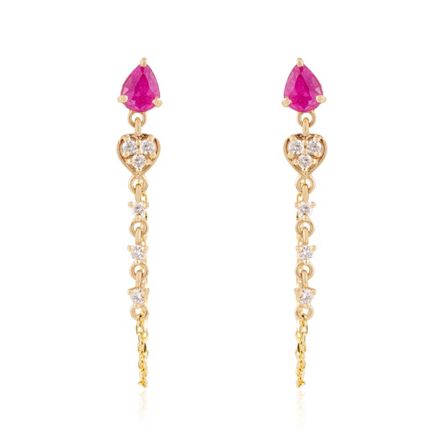 Contemporary Pear Cut Red Ruby & Diamond Chain Earrings in 14k Yellow Gold- A Pair For Sale - Image 4 of 13