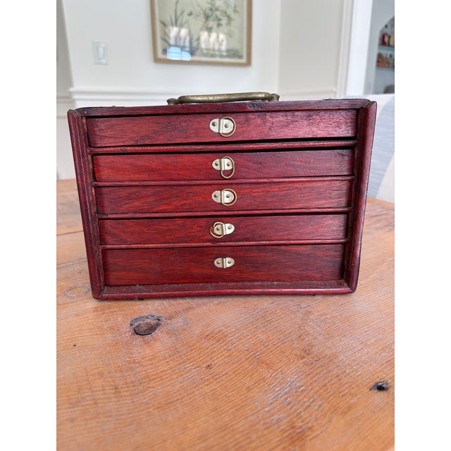Vintage Chinese Mahjong Set, Bone & Bamboo Tiles, 5-Drawer Rosewood Case With Brass Hardware For Sale - Image 12 of 13
