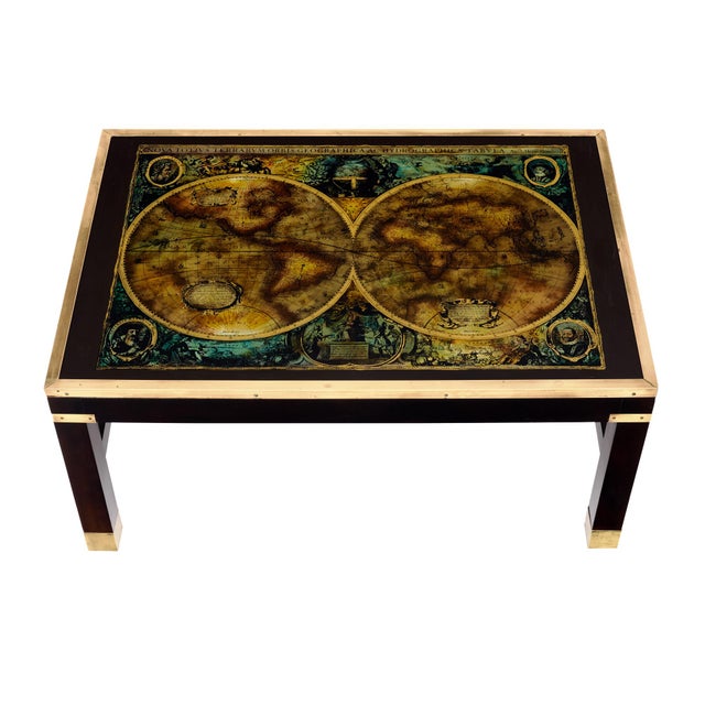 Neoclassical Neoclassical Ebonized and Brass Coffee Table With Antique World Map Top For Sale - Image 3 of 9