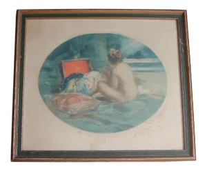 1920s French Boudoir Nude Fashion Colored Engraving Lithograph