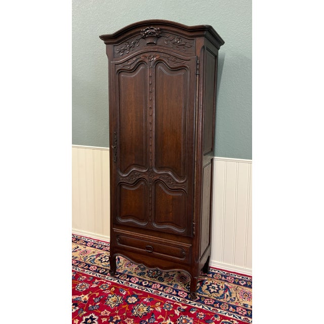 French Antique French Louis XV Style Armoire Cupboard Linen Cabinet Bonnetiere Oak For Sale - Image 3 of 18