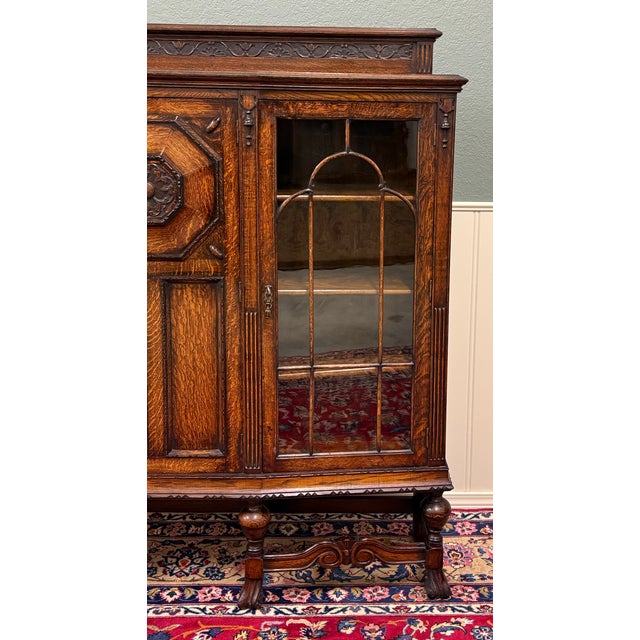 Wood Antique English Jacobean Bookcase Bow Front Cabinet Triple Door Oak C1930s For Sale - Image 7 of 18