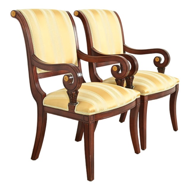 Baker Furniture Style Regency Carved Mahogany Armchairs, Pair For Sale