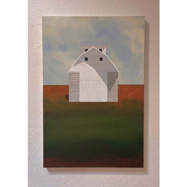 Textile On the Outskirts by Justin Wheatley | Acrylic on Canvas White Barn in Open Field For Sale - Image 7 of 11