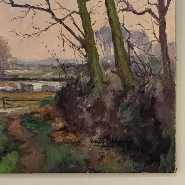 Antique Oil Painting on Canvas by Victor Fermans 'Winter Village Landscape' For Sale - Image 9 of 16