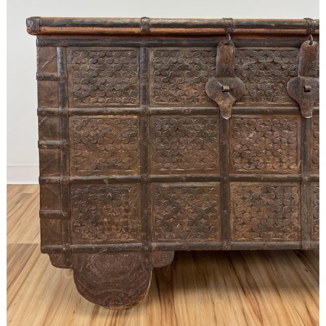 Brown Antique Carved Wood Indian Dowry Wedding Trunk For Sale - Image 8 of 12