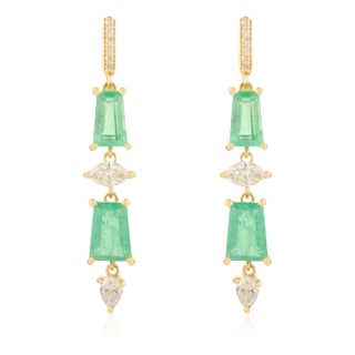 Designer Emerald & Diamond Baguette 18k Gold Earrings- 2 Pieces For Sale