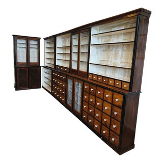 Large Wood Pharmacy Display Cupboard with Drawers, Early 1900s, Set of 4 For Sale