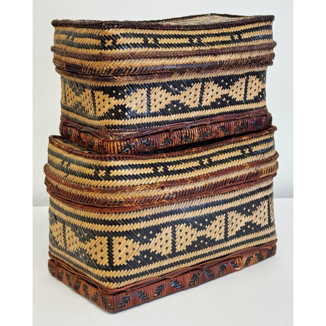 Chinese Vintage Nesting Woven Reed Lidded Basket Boxes For Sale - Image 3 of 9