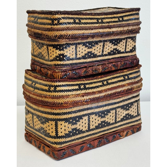 Chinese Vintage Stacking Woven Reed Lidded Basket Boxes For Sale - Image 3 of 9