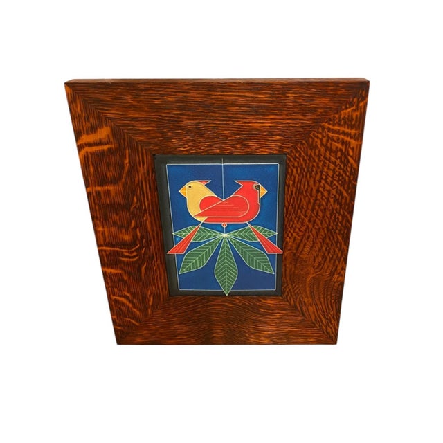Motawi Tileworks Birds Tile "Cardinals Consorting" Based on Charley Harper Design, Oak Frame by Dard Hunter Studios For Sale In San Francisco - Image 6 of 10