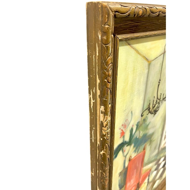 Vintage Spanish Style Naïve Folk Art Interior Painting in Ornate Carved Wood Frame For Sale - Image 10 of 12