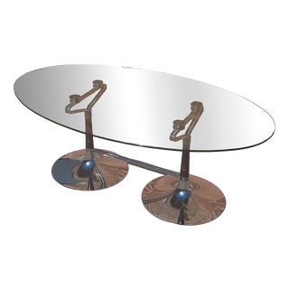 Oval Table in Glass, Chrome and Walnut, 1970s For Sale
