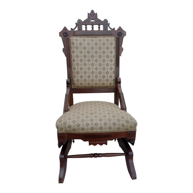 1920s Colonial Era Solid Wood Rocking Chair With Ornate Upholstery For Sale