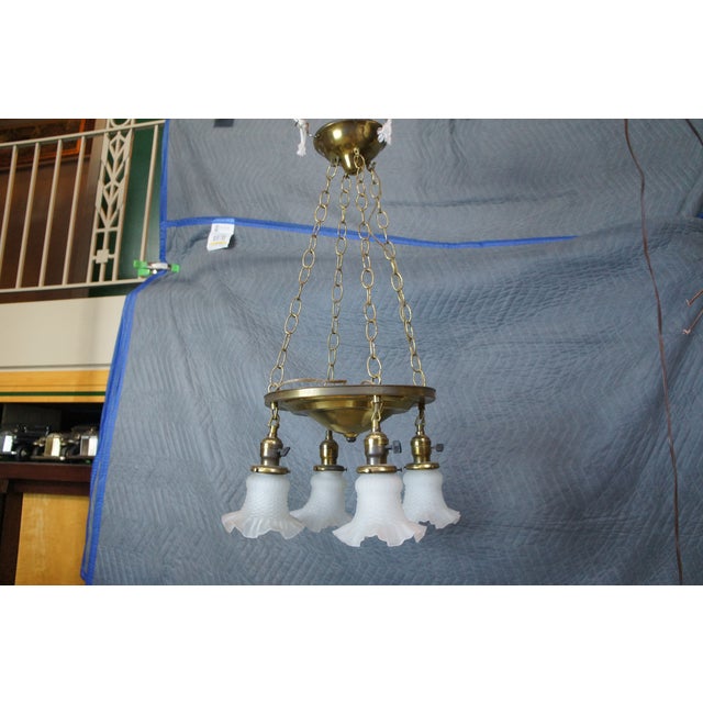 Metal Antique Victorian Brass Ruffled Glass 4 Light Parlor Pendant Light Chandelier For Sale - Image 7 of 13