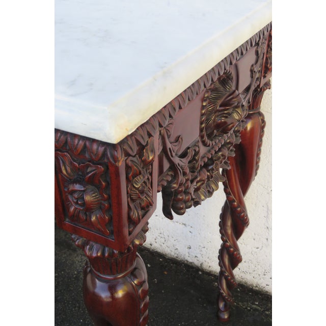Heavy Carved Mahogany Marble Top Console Entry Table For Sale - Image 12 of 12