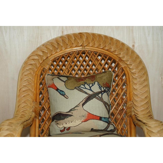 Wicker Armchairs, Stool & Side Table with Mulberry Flying Ducks Fabric, Set of 4 For Sale - Image 6 of 18