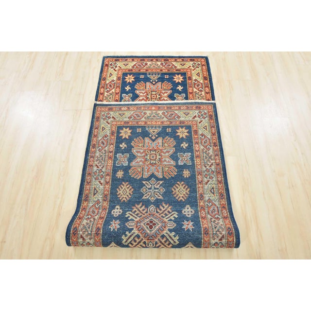 Kazak Runner 2’7” X 7’8” Blue Wool Tribal Hand-Knotted Oriental Rug For Sale - Image 13 of 14