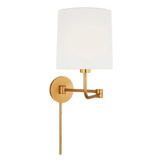 Barbara Barry for Visual Comfort Signature Go Lightly Swing Arm Wall Light in Gild with Linen Shade For Sale
