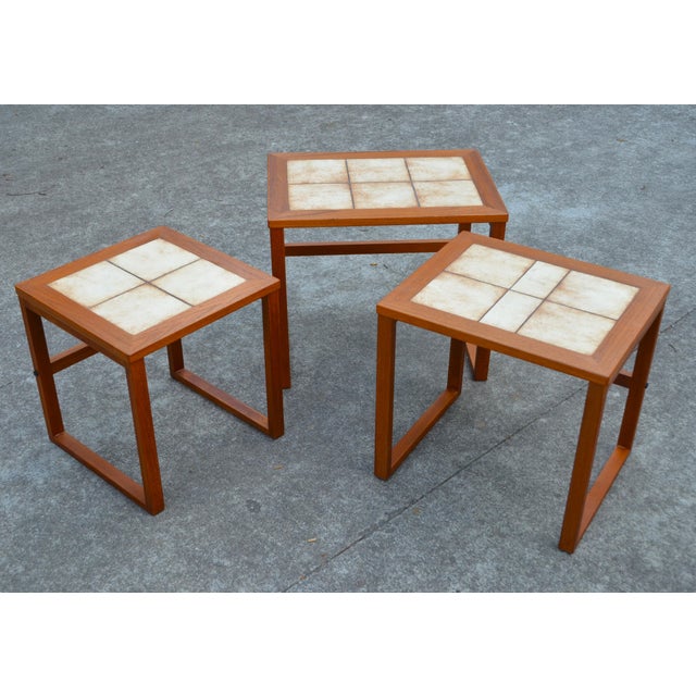 Mid 20th Century Danish Modern Teak Nesting Tables With Tile Tops by Brdr. Furbo - Set of 3 For Sale - Image 5 of 9
