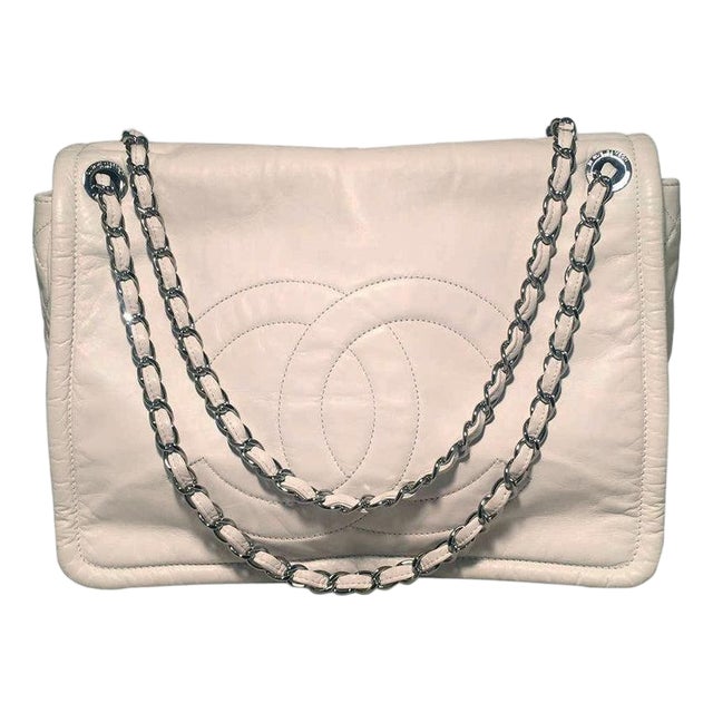 Chanel White Leather Quilted CC logo XL Maxi Classic Top Flap Shoulder Bag For Sale