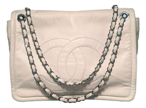 Chanel White Leather Quilted CC logo XL Maxi Classic Top Flap Shoulder Bag