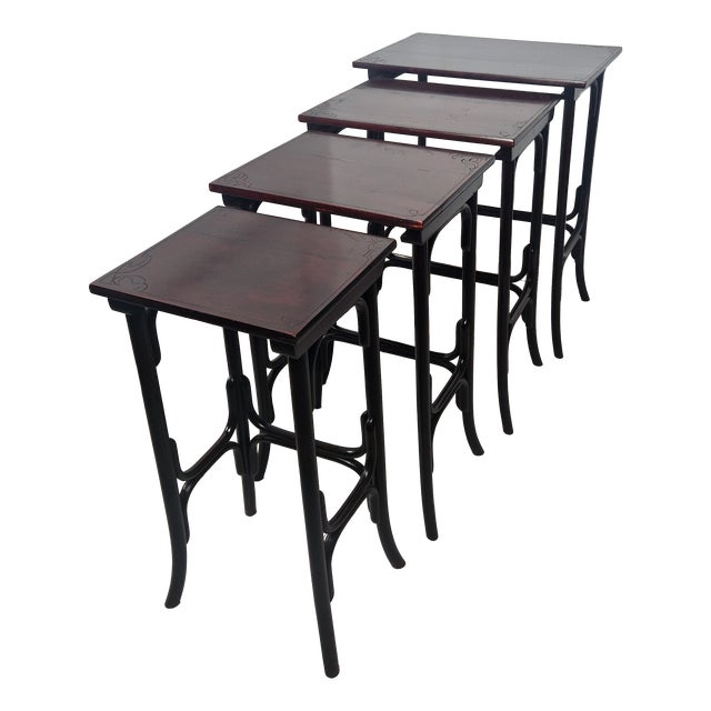 Four 1920s-Style Wooden Nesting Tables with Thonet Label Decorations, Set of 4 For Sale
