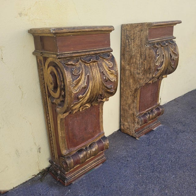17th Century Italian Baroque Carved, Painted and Gilded Wood Wall Brackets, Set of 2 For Sale - Image 10 of 18