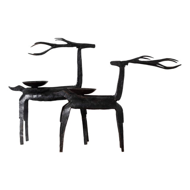 Mid-Century Style Wrought Iron Deer-Shaped Candleholders, 1990s, Set of 2 For Sale