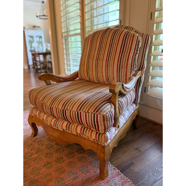 Shabby Chic Pair of French Country Louis XV Style Bergère Lounge Chairs in Custom Multi-Stripe Upholstery For Sale - Image 3 of 8