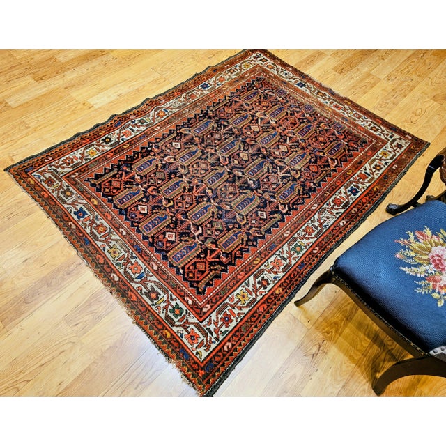 Early 20th Century Vintage Persian Malayer Area Rug, All-Over Paisley Pattern, Navy & Ivory, 5’ X 6’ For Sale - Image 12 of 16