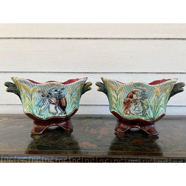 Blue Pair Antique French Majolica Jardinières Insect Musician Cache Pot Planter C1880 For Sale - Image 8 of 18