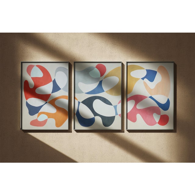 2026, Mid Century Modern Style, Contemporary Painting of Primary Tones and Curves, Triptych, Acrylic Paint on Watercolor Paper For Sale - Image 10 of 11