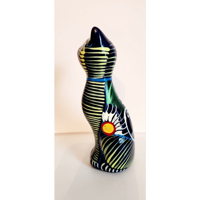 Mexican Vintage MCM Talavera Mexican Pottery Hand Painted Cat Figurine For Sale - Image 3 of 5