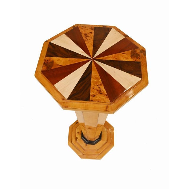 Brown Art Deco Pedestal Tables with Starburst Inlay, Set of 2 For Sale - Image 8 of 9