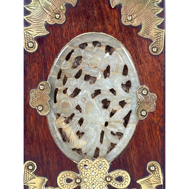 Mid 20th Century Vintage Pale Green Jade Book Ends With Auspicious Pheonix & Bats, Brass Stands 1950's For Sale - Image 5 of 9