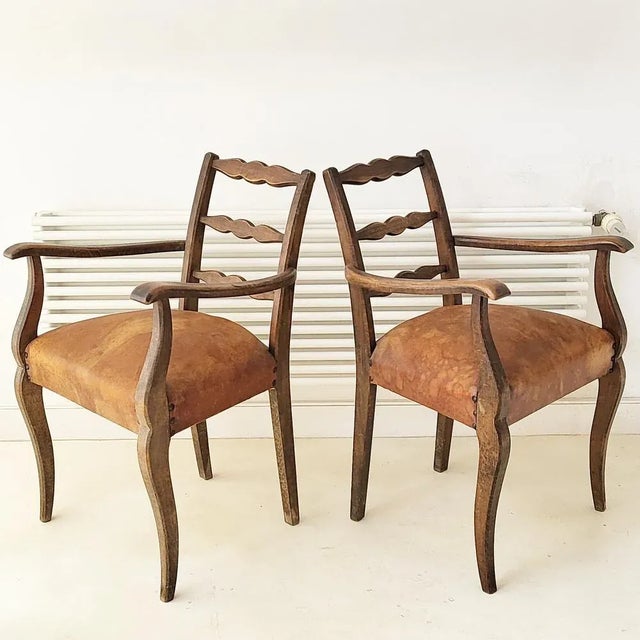 Set of Vintage French Chairs in Leather and Oak, 1950 For Sale - Image 9 of 13