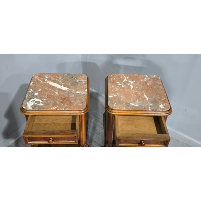 Super pair French walnut bedside lamp tables, drop down fronts, white marble interiors, rouge marble tops, in very good...