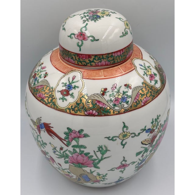 Early 20th Century Chinese Export Famille Rose Oriental Gilt Porcelain Lidded Ginger Jar Tea Caddie For Sale - Image 5 of 11