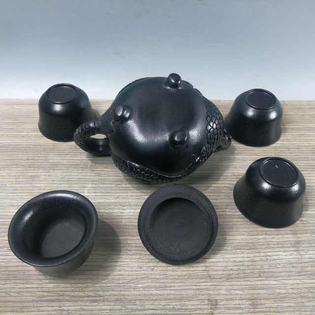 Black Late 19th Century Carved Faux Horn Dragon Teapot Set With Four Cups - 5 pcs with Box For Sale - Image 8 of 11