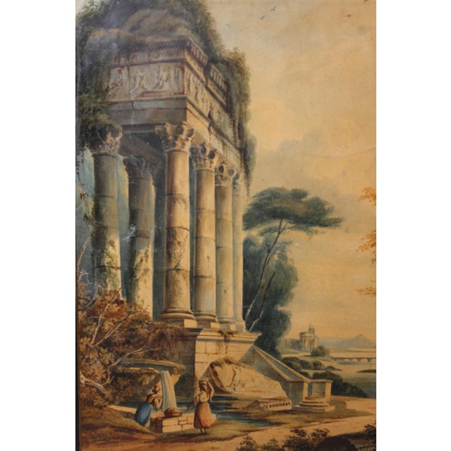 Capriccio painting in a greek or Italian style with women around a river. Capriccio is a fanciful architectural landscape...