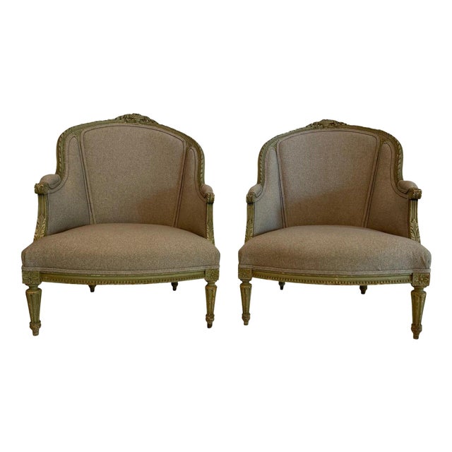 Early 20th Century Louis XVI Painted Fireside Chairs in Grey Upholstery with Flower Detail - A Pair For Sale - Image 15 of 18