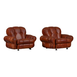 Vintage Italian Club Chairs in Cognac Leatherette, Italy, 1970s, Set of 2 For Sale