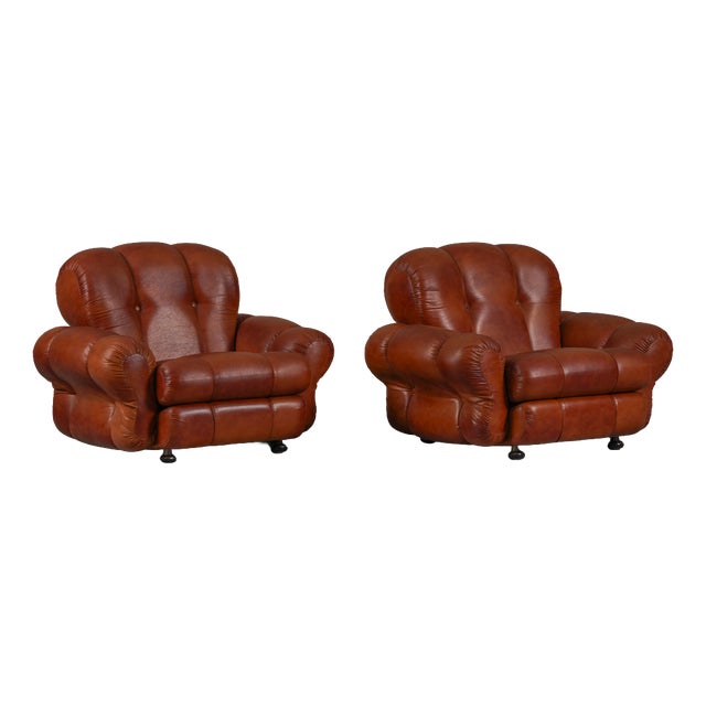 Vintage Italian Club Chairs in Cognac Leatherette, Italy, 1970s, Set of 2 For Sale