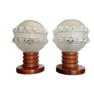 Mid-Century Portuguese Wood and Frosted Glass Table Lamps, 1960s, Set of 2 For Sale