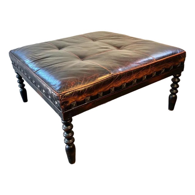 Luxury Large Shabby Chic Leather Ottoman | Vintage Leather Footstool | Nailhead Detail | Turned Spindle Legs | Rich Patina For Sale